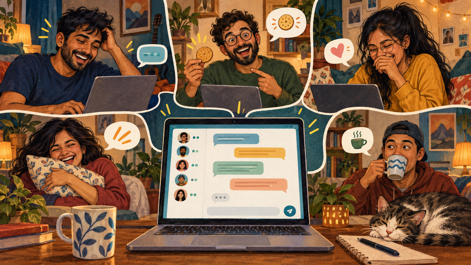 A lively text group is illustrated with adults in separate rooms, chat bubbles and a symbolic stranger list.