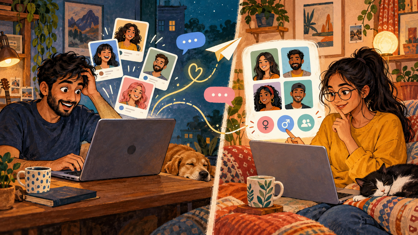 A playful illustration of meeting a random chat partner and choosing a gender preference using symbolic profile cards.