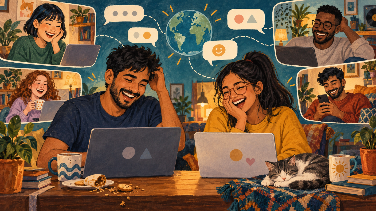 Adults in separate homes laugh and chat online in a warm illustrated welcome to StrangersOnline.