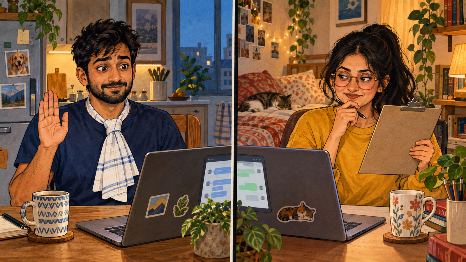 Naina imagines herself interviewing Ravi, who has improvised a very unconvincing tie.