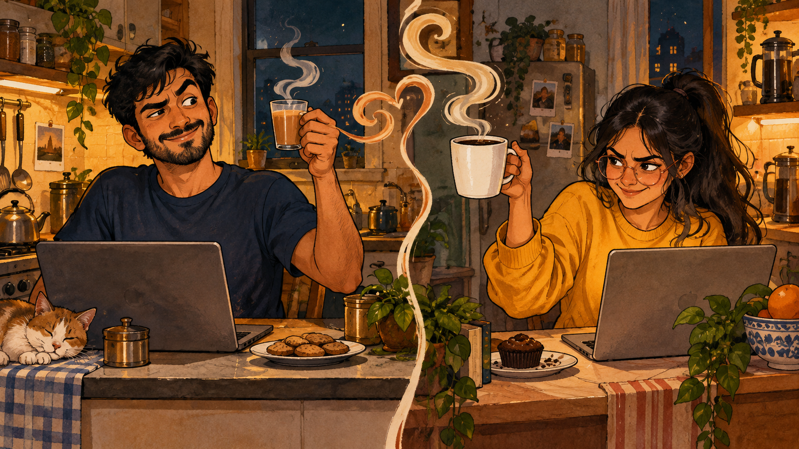Ravi raises a glass of chai while Naina defends her oversized coffee mug.