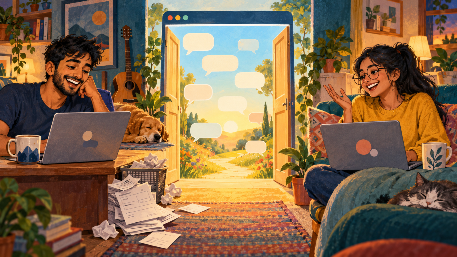 Relaxed adults start chatting beside a welcoming symbolic browser doorway, with unused paperwork set aside.