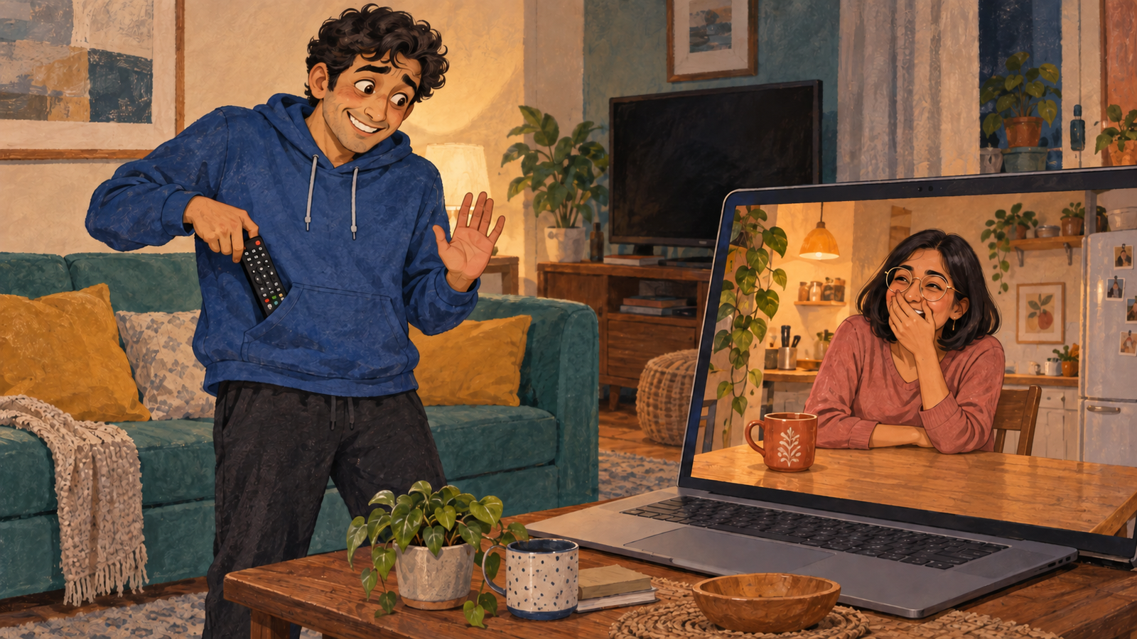 Rohan discovers the missing black TV remote in the front pocket of his own hoodie as Tara bursts out laughing.
