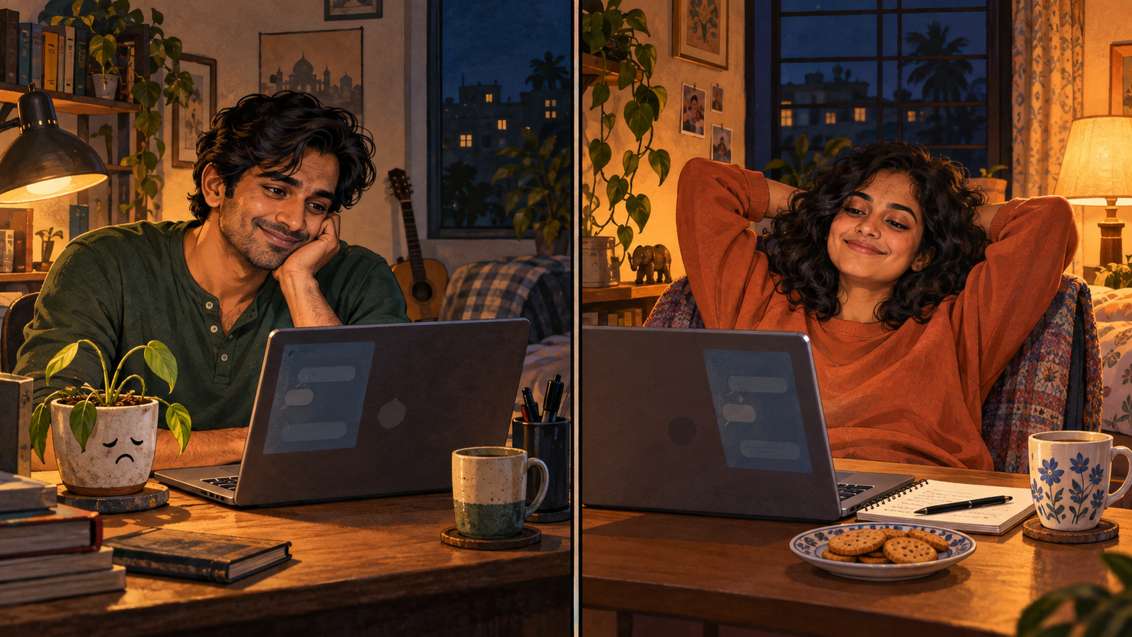 The strangers settle into an easy conversation, with Kabir's struggling desk plant beside his laptop.