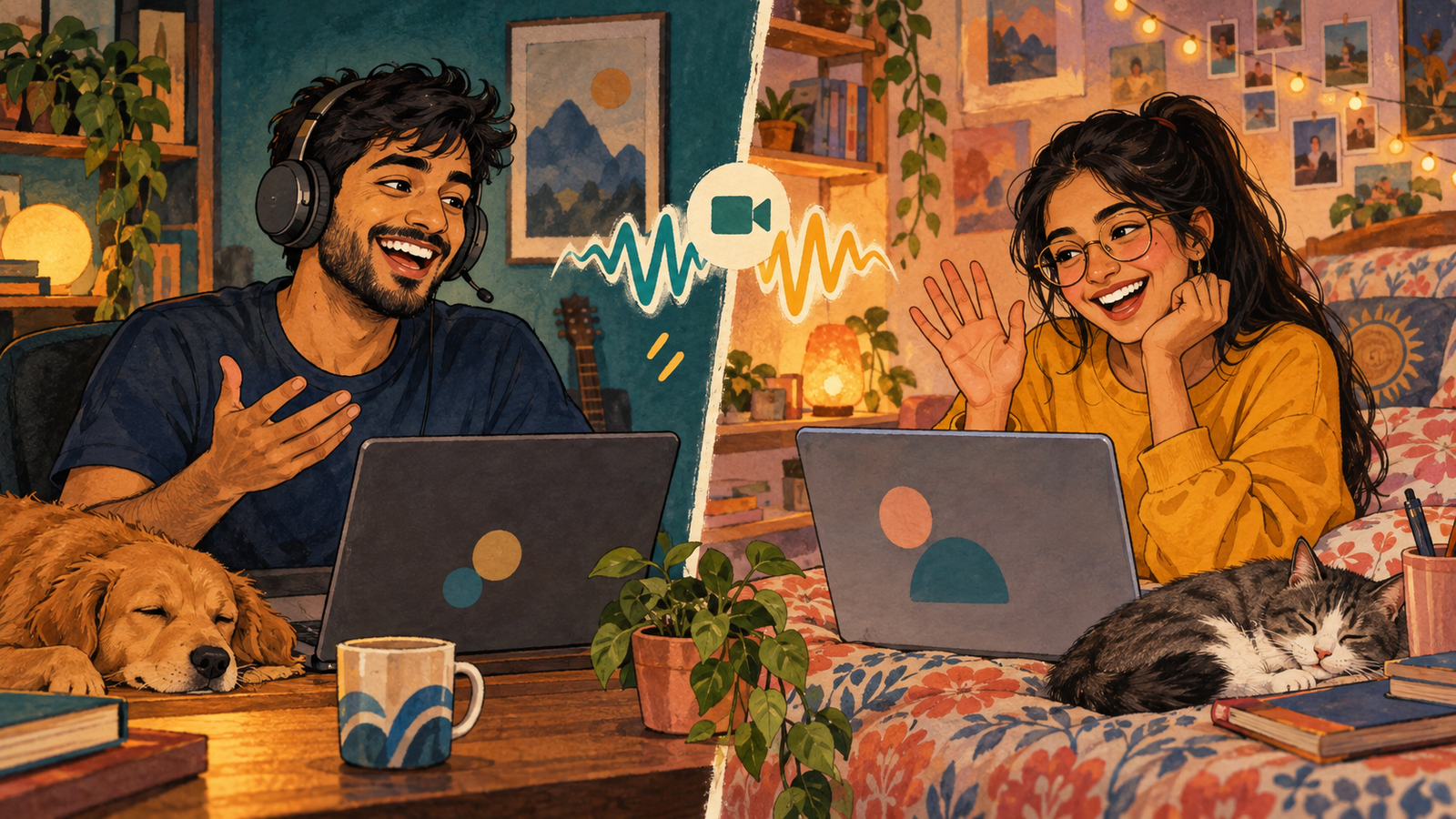Two adult chat partners enjoy a friendly online call from separate homes, with headphones and a welcoming wave.