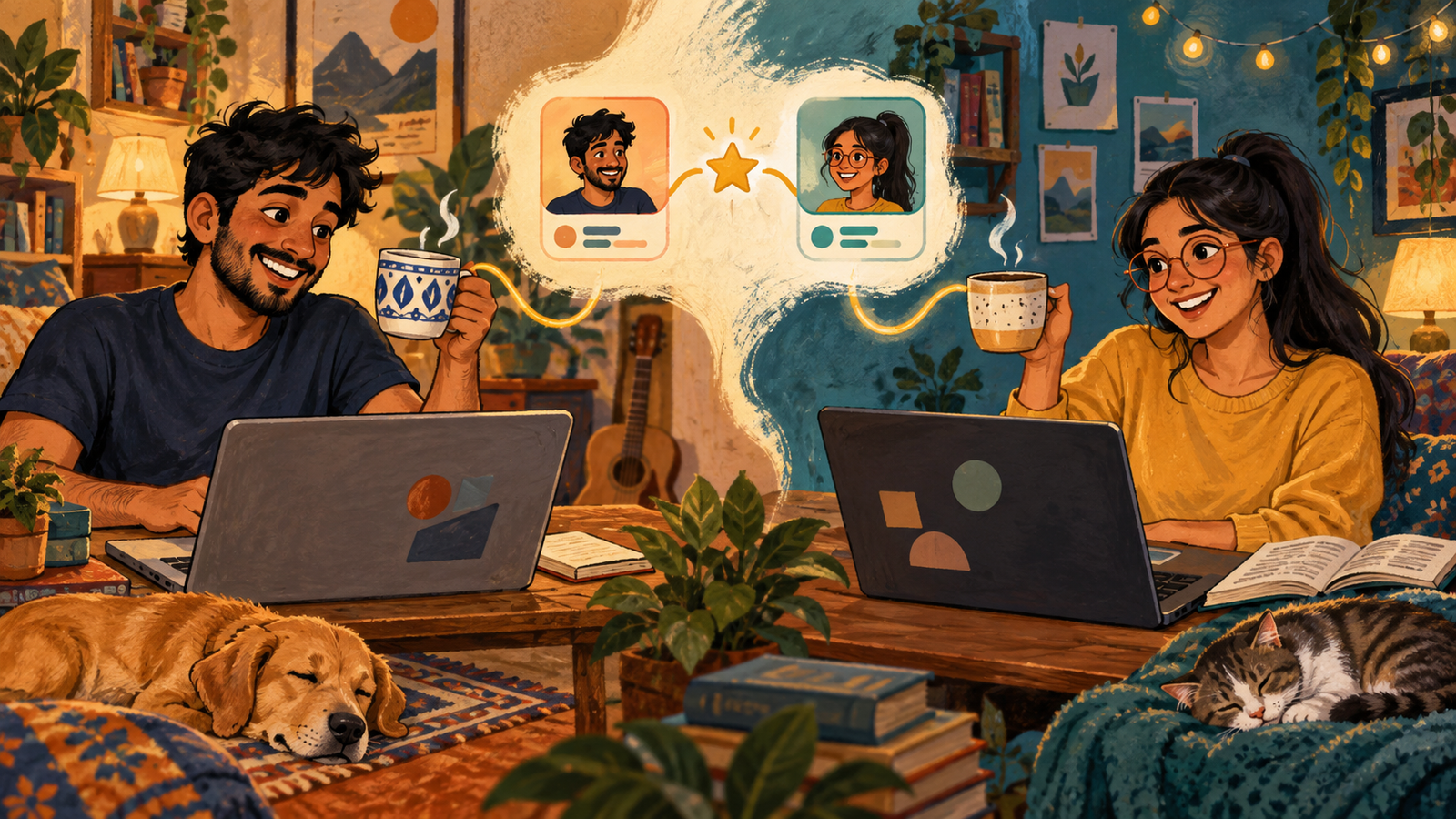 Two online friends lift their mugs from separate homes, with linked profile cards representing an on-site friendship.